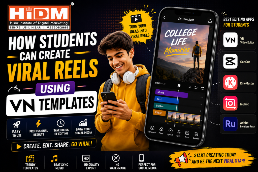 Promotional banner by HiDM (Hisar Institute of Digital Marketing) about creating viral reels using VN Templates. The design features a smiling student in a yellow hoodie using a smartphone beside a large mobile screen showing the VN video editing interface. Bold text highlights ‘How Students Can Create Viral Reels Using VN Templates’ with benefits like easy editing, HD export, no watermark, beat sync music, and trendy templates. Logos of editing apps including VN, CapCut, KineMaster, InShot, and Adobe Premiere Rush appear on the right side