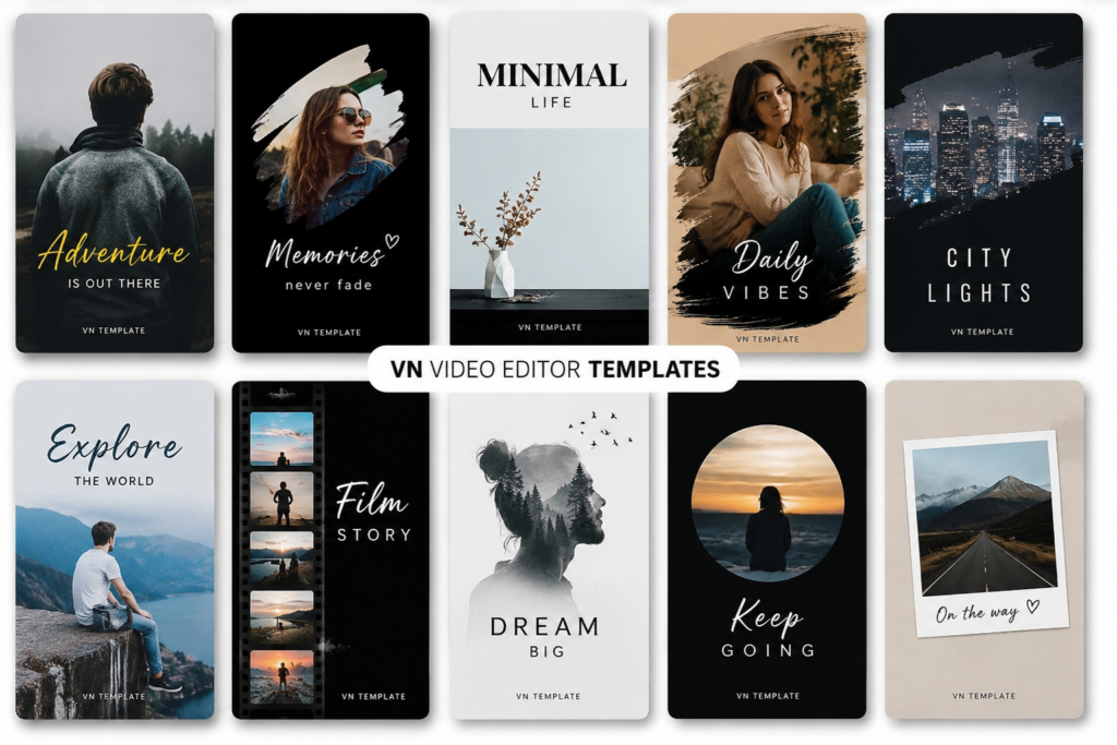 A stylish collage of multiple VN Video Editor templates displayed in a modern grid layout. Each template features creative designs like travel, memories, city lights, minimal lifestyle, film story, and motivational themes with cinematic visuals, aesthetic typography, and social media reel-style editing inspiration.