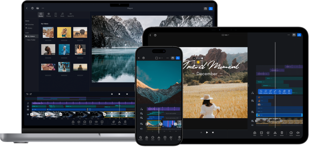 VN Video Editor interface displayed across a laptop, tablet, and smartphone screen, showcasing professional video editing tools, timeline layers, media library, transitions, effects, and cinematic travel video templates for content creation.