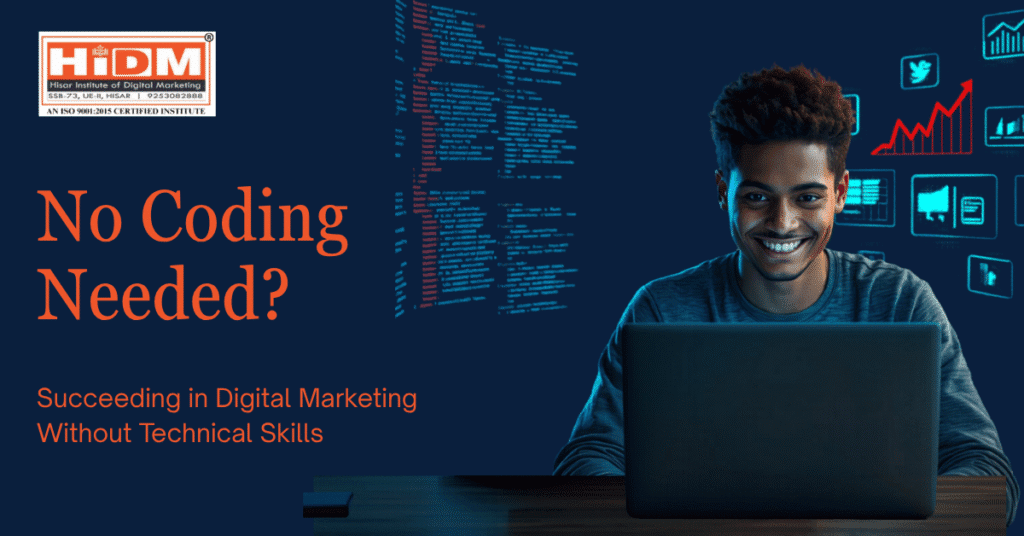 Young digital marketer using laptop with coding background and marketing icons showing success without coding skills