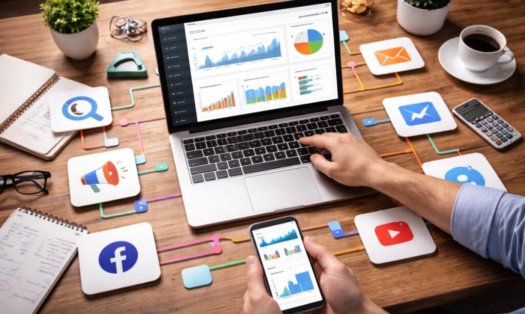 Indian digital marketer working on SEO and Meta Ads dashboard