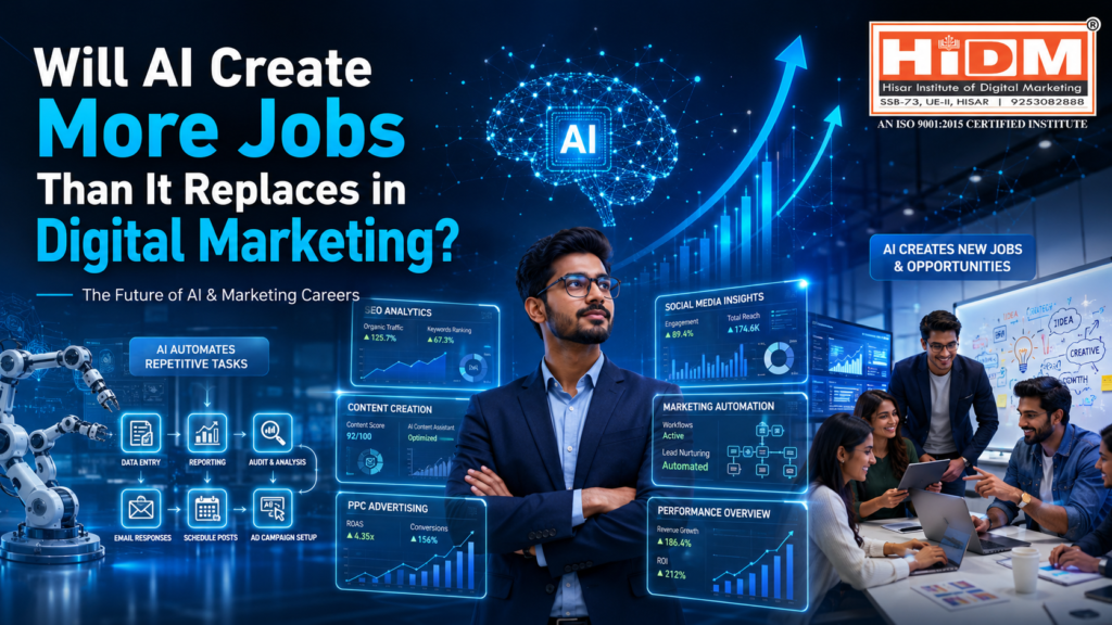 Ultra-realistic featured blog banner showing AI automation and human collaboration in digital marketing with SEO dashboards, marketing analytics, creative professionals, growth charts, and the HiDM logo under the headline “Will AI Create More Jobs Than It Replaces in Digital Marketing?”