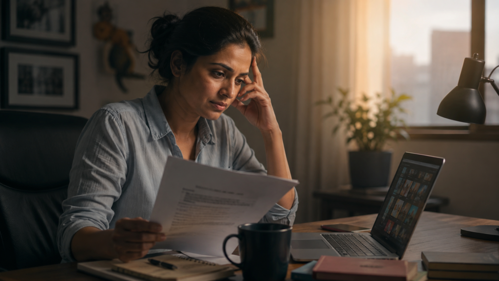 Indian professional sitting at a desk in a softly lit workspace, reviewing a resume while learning digital marketing on a laptop, symbolizing a hopeful career restart after a long employment gap.