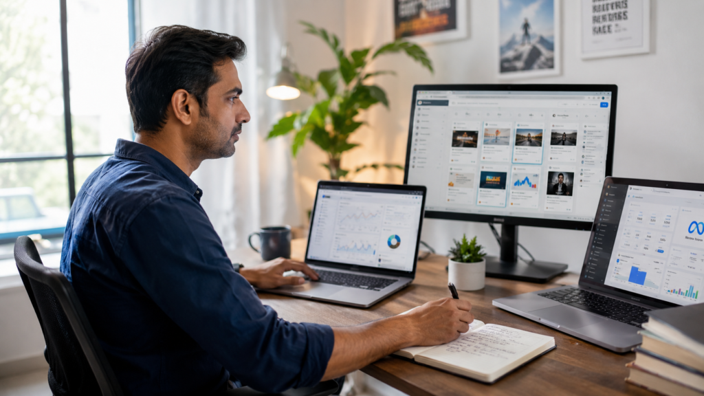 Indian professional restarting career in digital marketing while working on SEO analytics and Meta Ads dashboard in a modern office workspace.