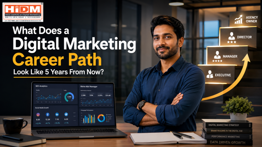 Indian digital marketing professional standing in a modern office with SEO analytics, Meta Ads dashboards, and career growth visuals representing a 5-year digital marketing career path.