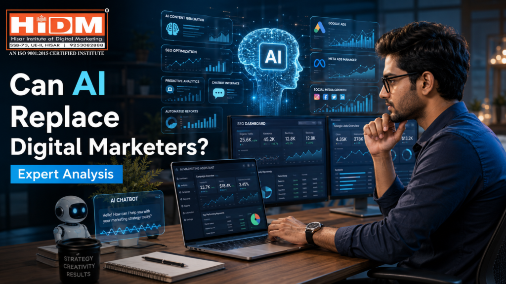 Indian digital marketer working in a futuristic AI-powered workspace with SEO dashboards, Google Ads analytics, Meta Ads Manager, chatbot tools, holographic AI technology, and the headline “Can AI Replace Digital Marketers? Expert Analysis” alongside the HiDM logo