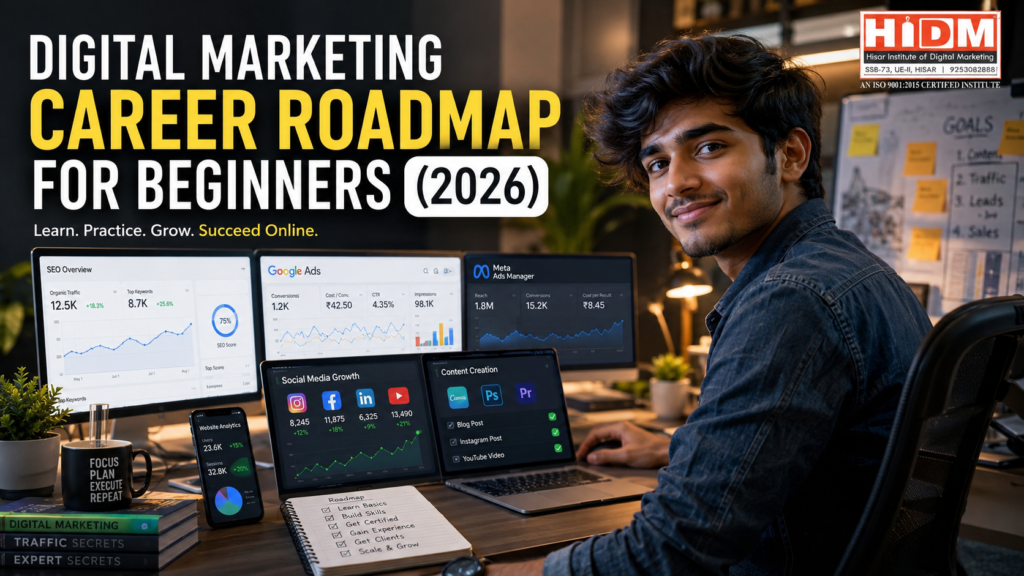 Young Indian student learning digital marketing in a modern workspace with SEO analytics, Google Ads, Meta Ads Manager, and social media dashboards for Digital Marketing Career Roadmap for Beginners 2026 by HIDM.