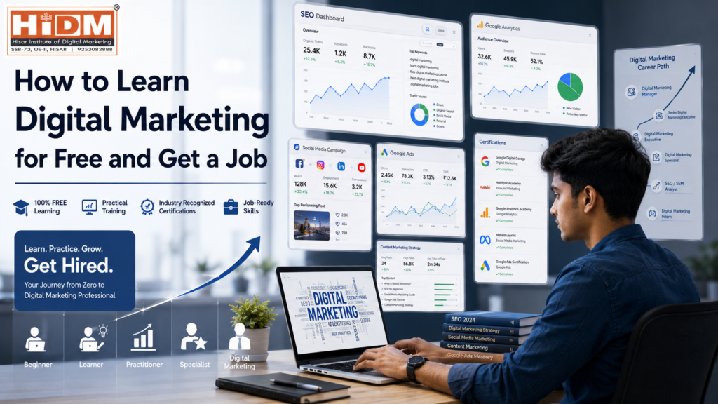 Ambitious Indian student learning digital marketing on a laptop with SEO dashboard, Google Analytics reports, social media marketing campaigns, Google Ads interface, certification badges, and career growth visualization in a modern professional workspace with HIDM logo.