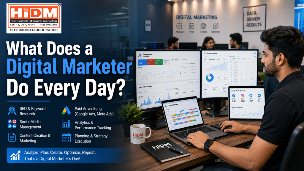 Professional digital marketer working on SEO analytics, Google Ads, Meta Ads Manager, content calendar, social media metrics, and website performance dashboards in a modern office environment.