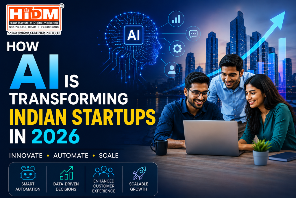 AI in Indian Startups 2026 showing digital transformation, automation, and startup growth with HiDM branding