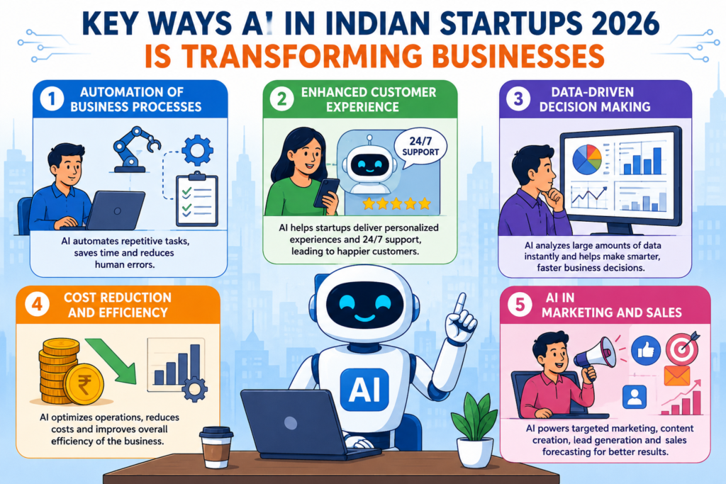 AI in Indian Startups 2026 illustration showing automation, customer experience, data-driven decisions, cost efficiency, and AI marketing transformation
