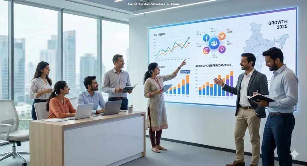 Indian digital marketing manager leading team meeting and marketing strategy discussion