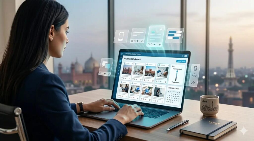 Content creator using AI tools to generate blog posts, social media content, and marketing copy on multiple screens.