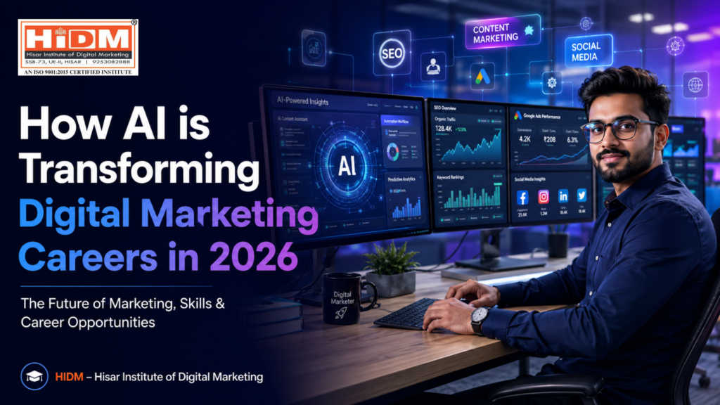 Featured blog banner showing an Indian digital marketer using AI-powered SEO analytics, social media dashboards, and Google Ads reports in a futuristic office, branded with HIDM – Hisar Institute of Digital Marketing.