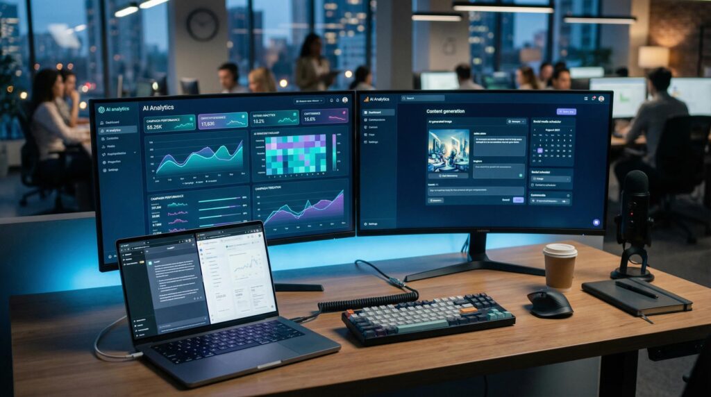 Indian digital marketer using AI-powered analytics and marketing automation tools in a modern office.