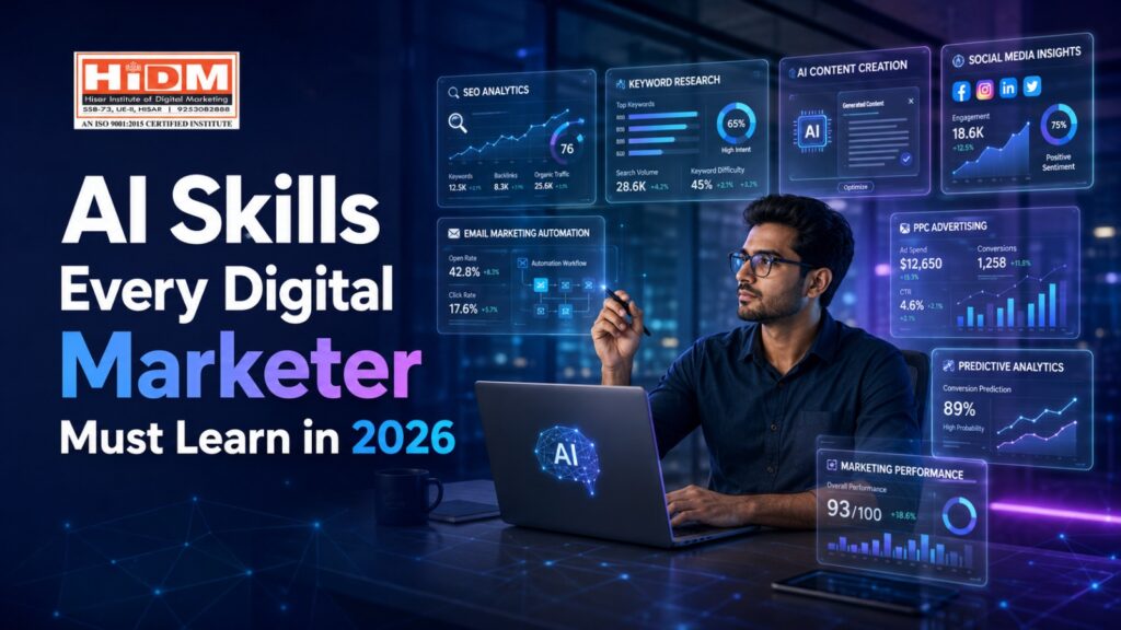 A young digital marketer working in a futuristic AI-powered workspace with holographic dashboards displaying SEO analytics, keyword research, AI content creation, social media insights, email marketing automation, PPC advertising metrics, predictive analytics, and marketing performance charts. The banner features the heading "AI Skills Every Digital Marketer Must Learn in 2026" and the HIDM logo.