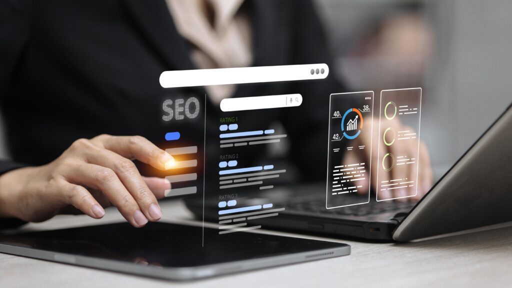 SEO specialist working on keyword research and website optimization.