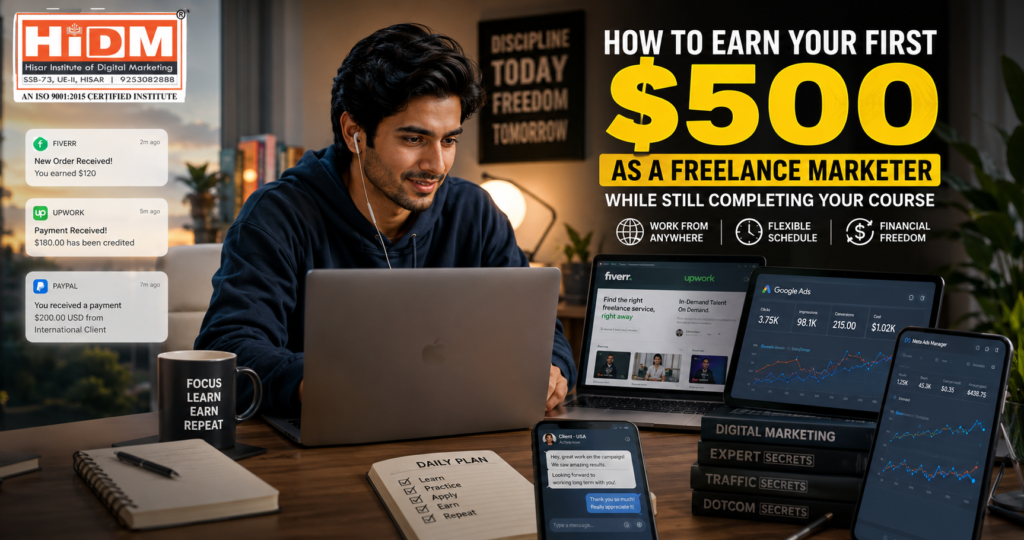 Indian student working from home as a freelance digital marketer with Fiverr, Upwork, Google Ads, SEO analytics, and online earnings notifications showing how to earn first $500 online.
