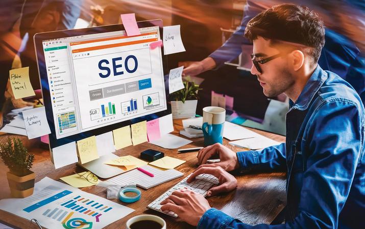 SEO expert analyzing website rankings and keyword research on laptop