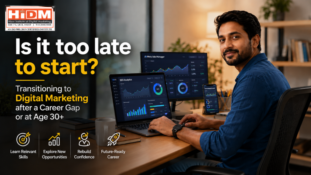 Indian digital marketer working on laptop with SEO analytics and Meta Ads dashboards in a modern office workspace.