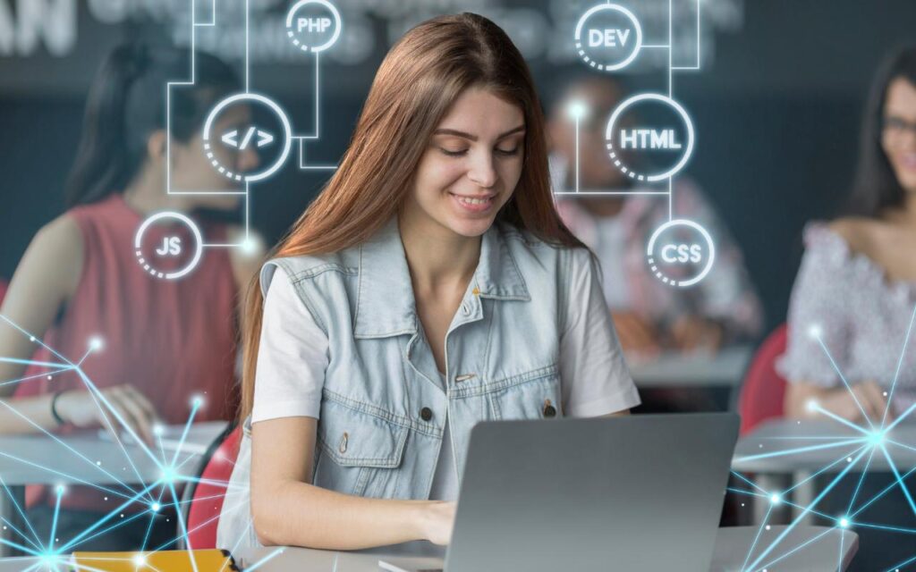 Students learning digital marketing and data analytics skills through practical training programs.