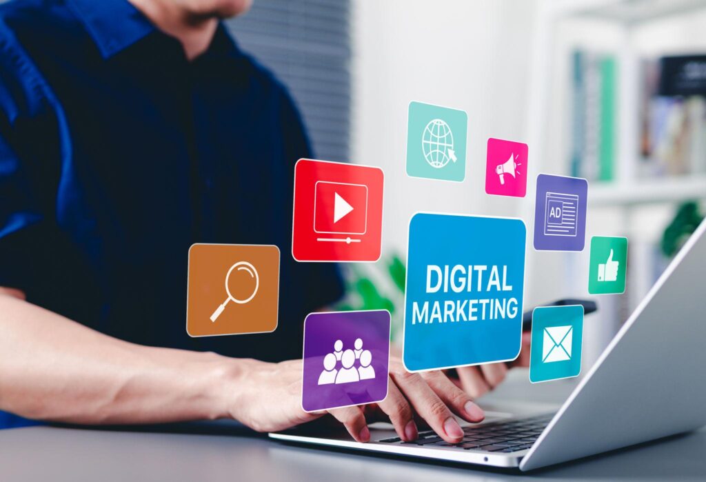 Beginner learning digital marketing basics on laptop with SEO and social media tools