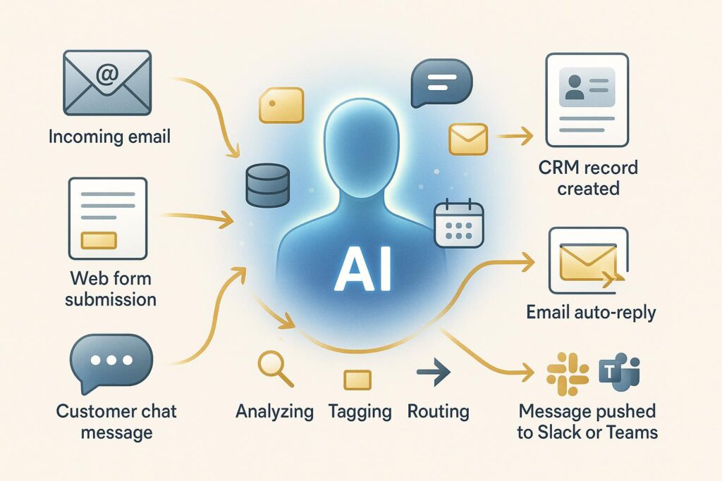 Automated marketing workflow connecting email campaigns, CRM systems, chatbots, and customer journeys through AI.