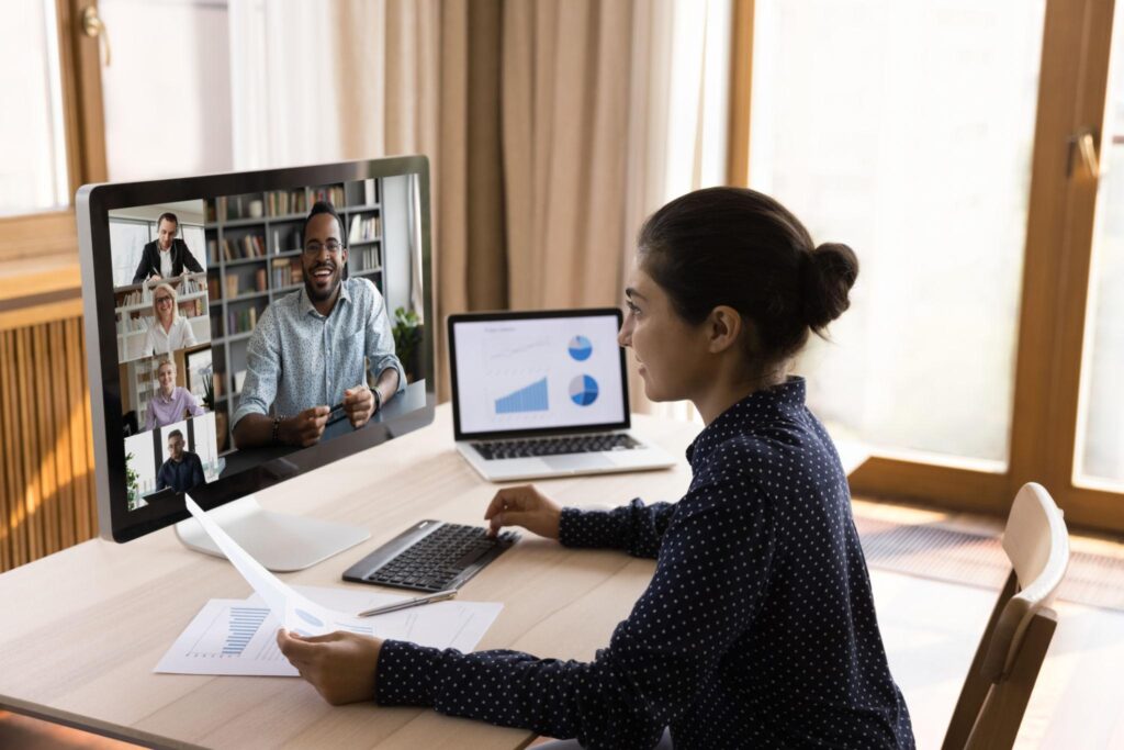 Indian freelance marketer attending online client meeting
