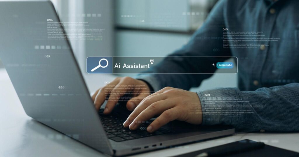 A digital marketer writing detailed AI prompts on a laptop while an AI assistant generates marketing content.