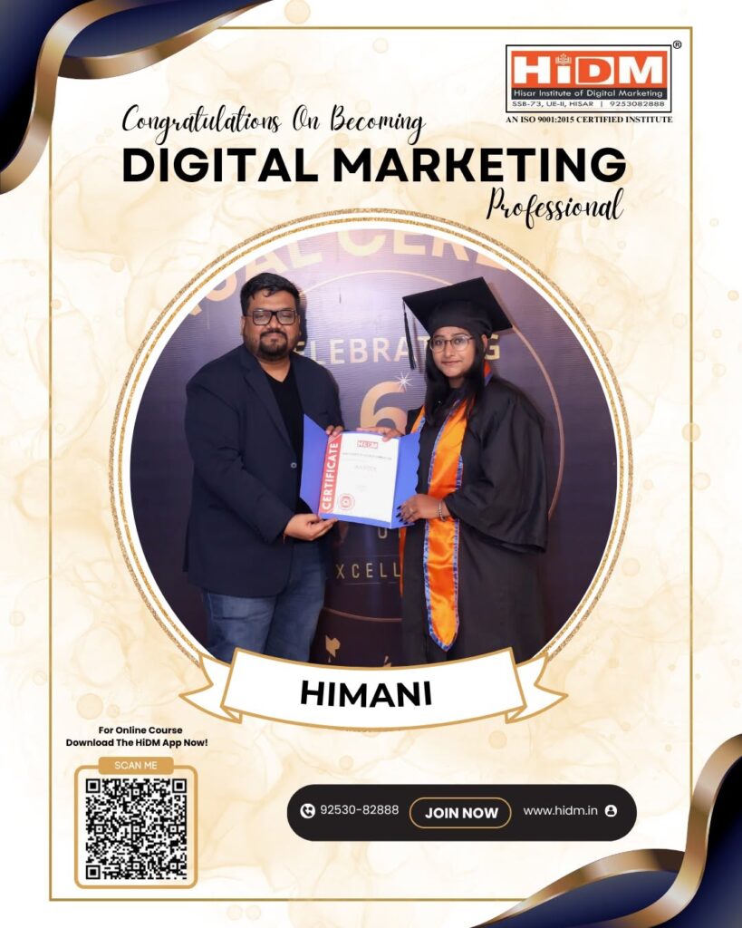 A congratulations graphic for Himani featuring a photo of her receiving a graduation certificate from an instructor.