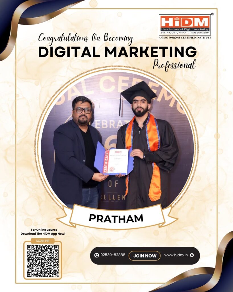 A congratulations graphic for pratham featuring a photo of her receiving a graduation certificate from an instructor.