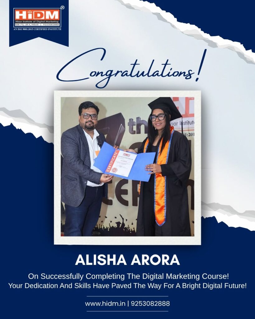 A congratulations graphic for Alisha Arora featuring a photo of her receiving a graduation certificate from an instructor.