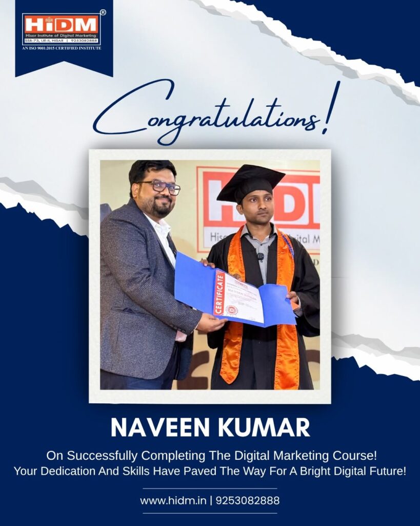 A congratulations graphic for Naveen kumar featuring a photo of him receiving a graduation certificate from an instructor.