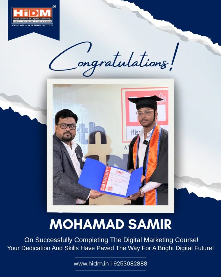 Trainer recognizing a student's achievement with a digital marketing course certificate.
