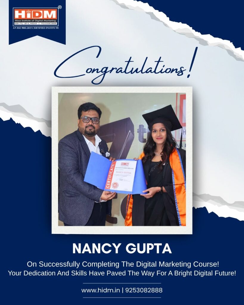 A congratulations graphic for Nancy Gupta featuring a photo of her receiving a graduation certificate from an instructor.