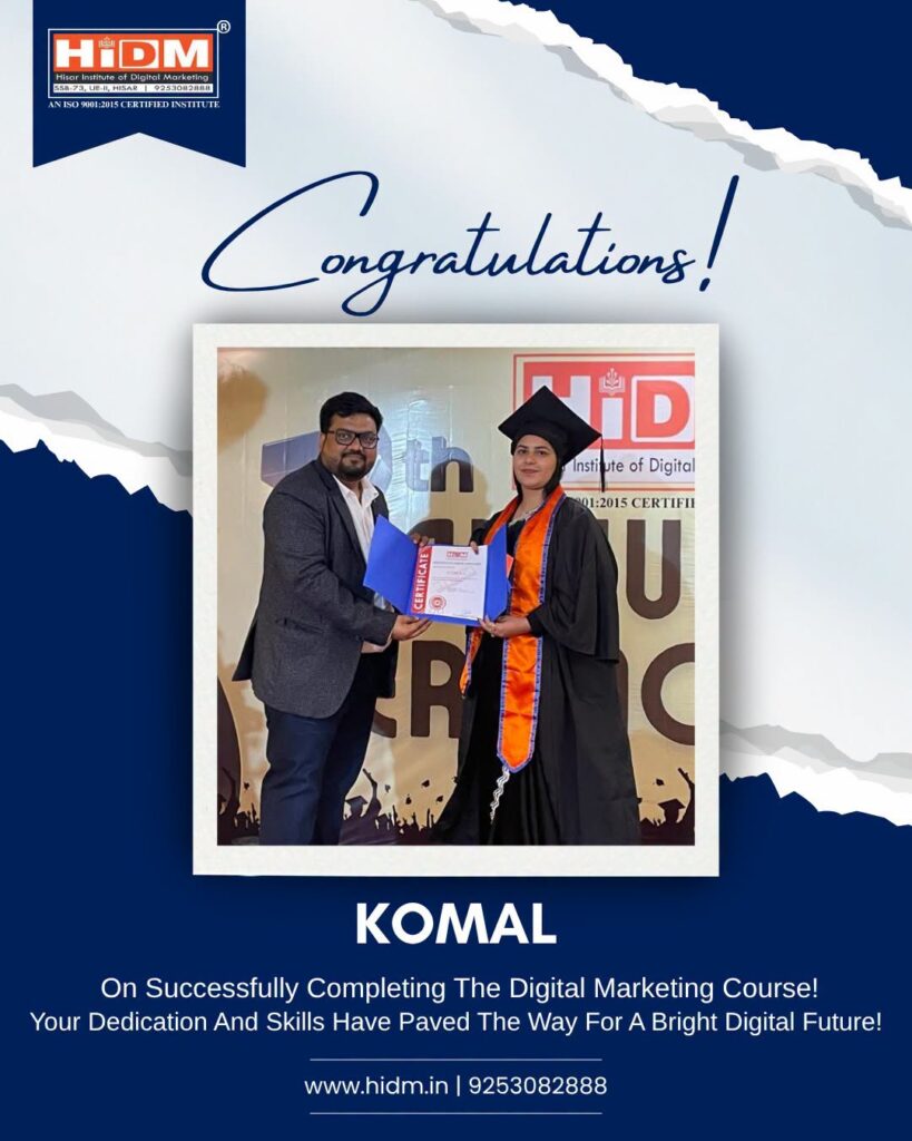 A congratulations graphic for komal featuring a photo of her receiving a graduation certificate from an instructor