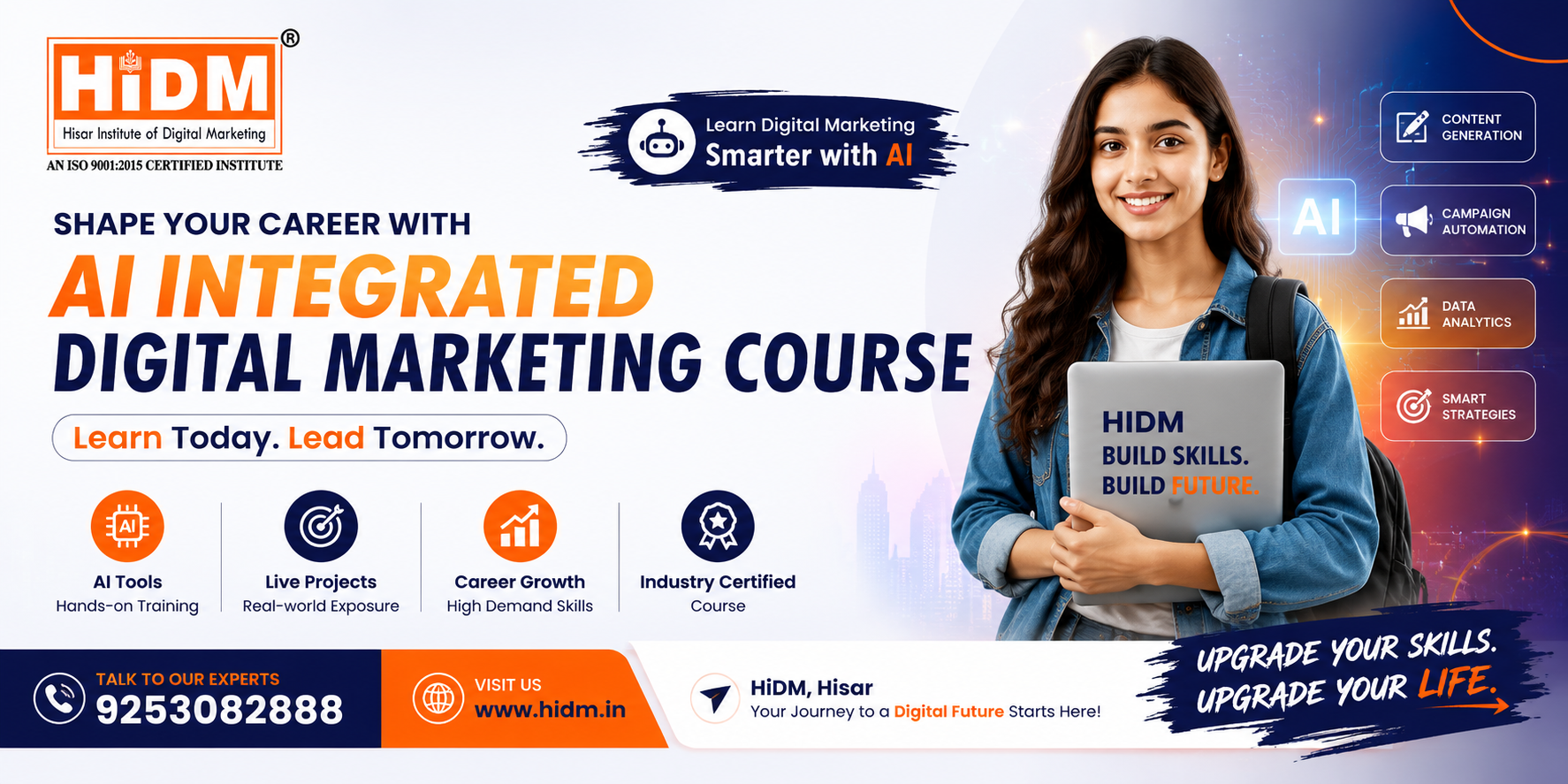 HiDM banner promoting an AI Integrated Digital Marketing Course with a smiling student and career-focused learning highlights.