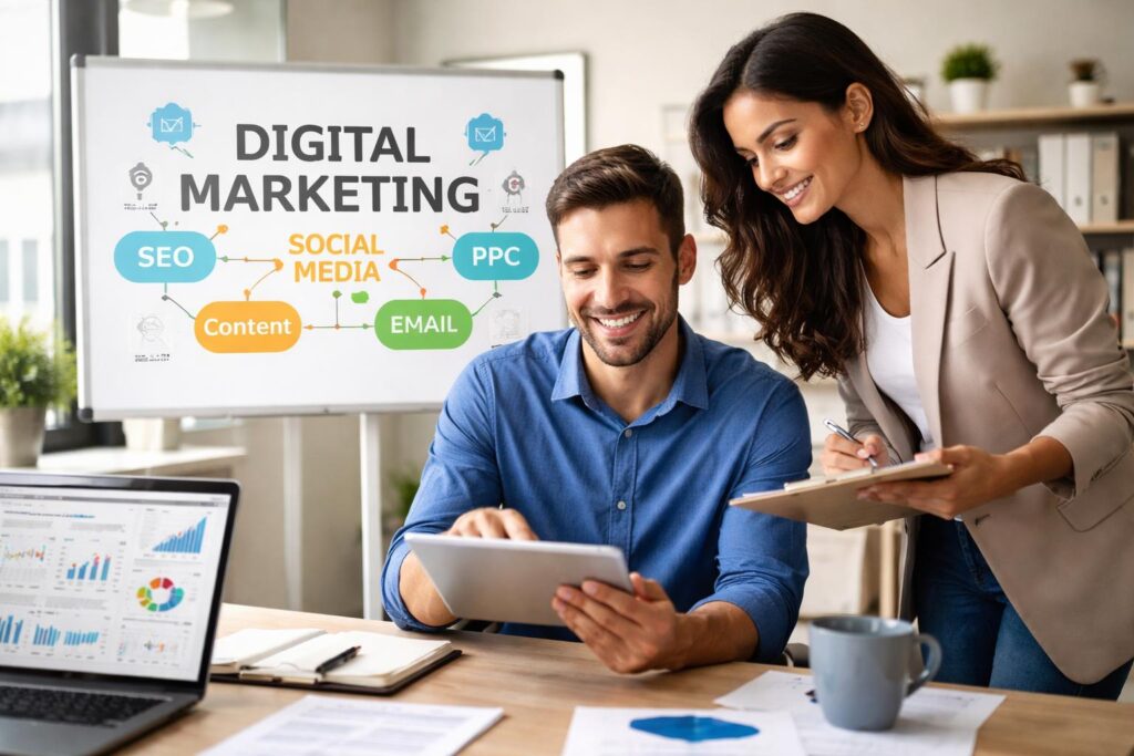 Digital marketer working on SEO, content marketing, social media strategy, and campaign planning in an office.