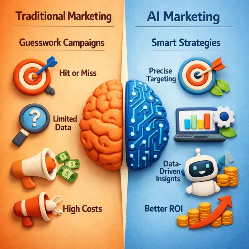 Comparison infographic between AI-powered marketing and traditional digital marketing strategies.