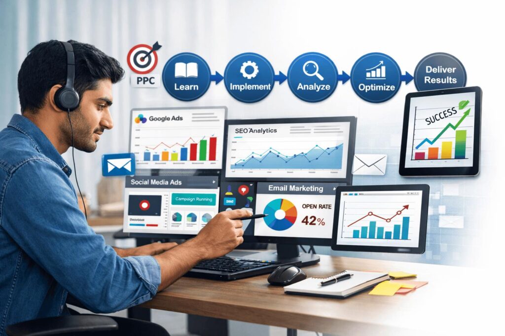 Student using AI-powered digital marketing analytics dashboard