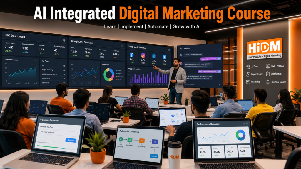 Students attending AI Integrated Digital Marketing Course with SEO and AI tools at HiDM