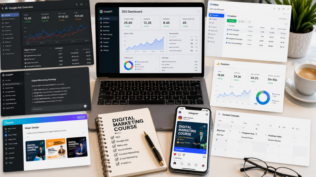 Digital marketing course modules including SEO Google Ads AI tools blogging and analytics