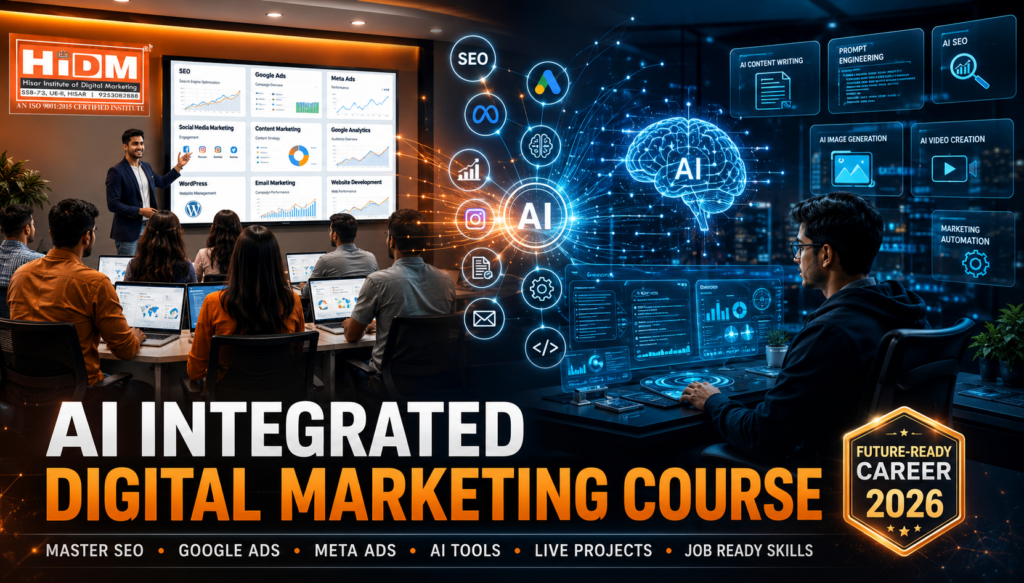 AI Integrated Digital Marketing Course at HiDM featuring SEO, Google Ads, Meta Ads, AI tools, digital marketing classroom, AI workspace, live projects, and job-ready career training.