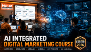 AI Integrated Digital Marketing Course at HiDM featuring SEO, Google Ads, Meta Ads, AI tools, digital marketing classroom, AI workspace, live projects, and job-ready career training.