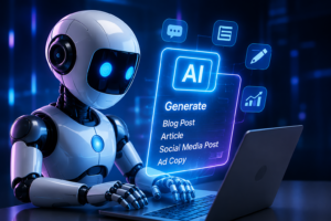 AI robot creating digital content on a laptop using artificial intelligence for blog writing, SEO content creation, and digital marketing at HIDM seminar.