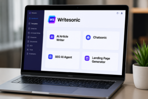 Laptop displaying the Writesonic AI dashboard with AI Article Writer, Chatsonic, SEO AI Agent, and Landing Page Generator during the HIDM AI Content Writing seminar.
