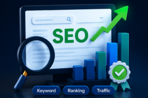 3D illustration of SEO-friendly content writing showing keyword research, search engine optimization, website ranking, and traffic growth for digital marketing.