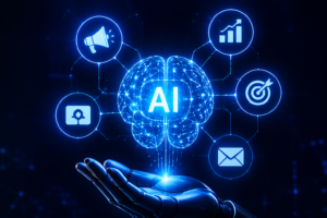 Futuristic AI illustration showing artificial intelligence transforming digital marketing through automation, analytics, email marketing, advertising, and business growth.