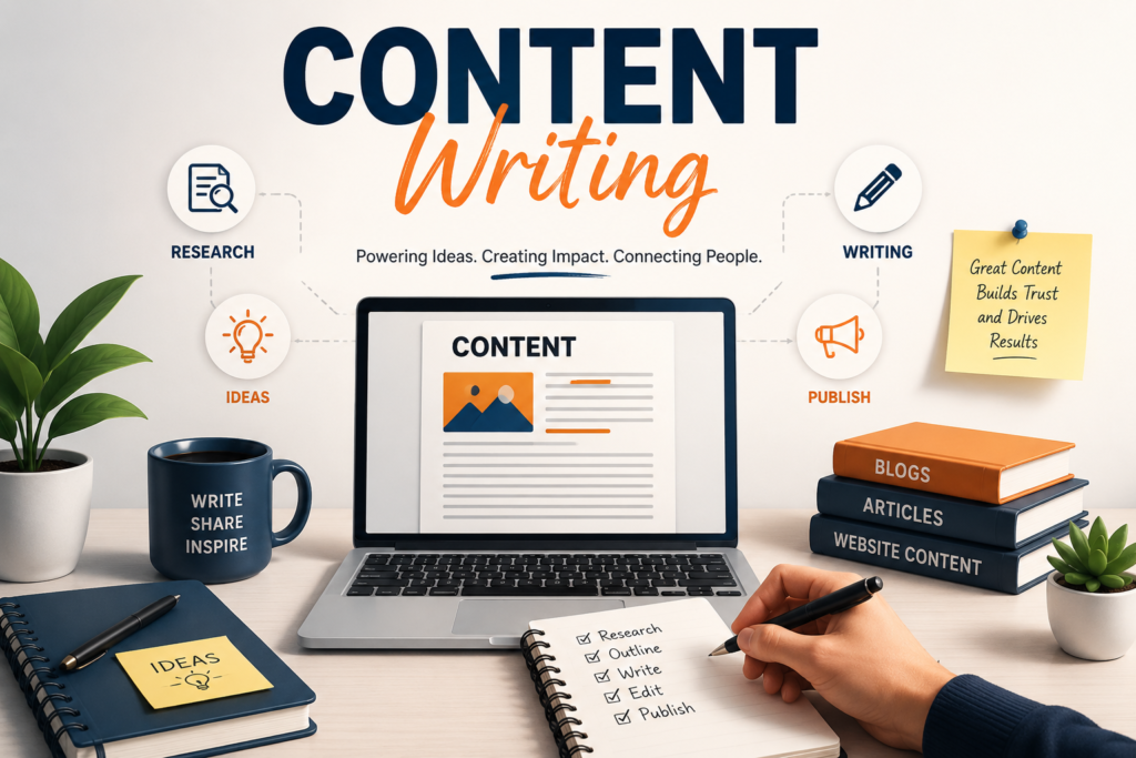 Content Writing Process Illustration Showing Research, Writing, Editing, and Publishing Workflow