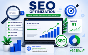 3D illustration of SEO optimization showing keyword research, website ranking, organic traffic growth, on-page SEO, and AI-powered search engine optimization.